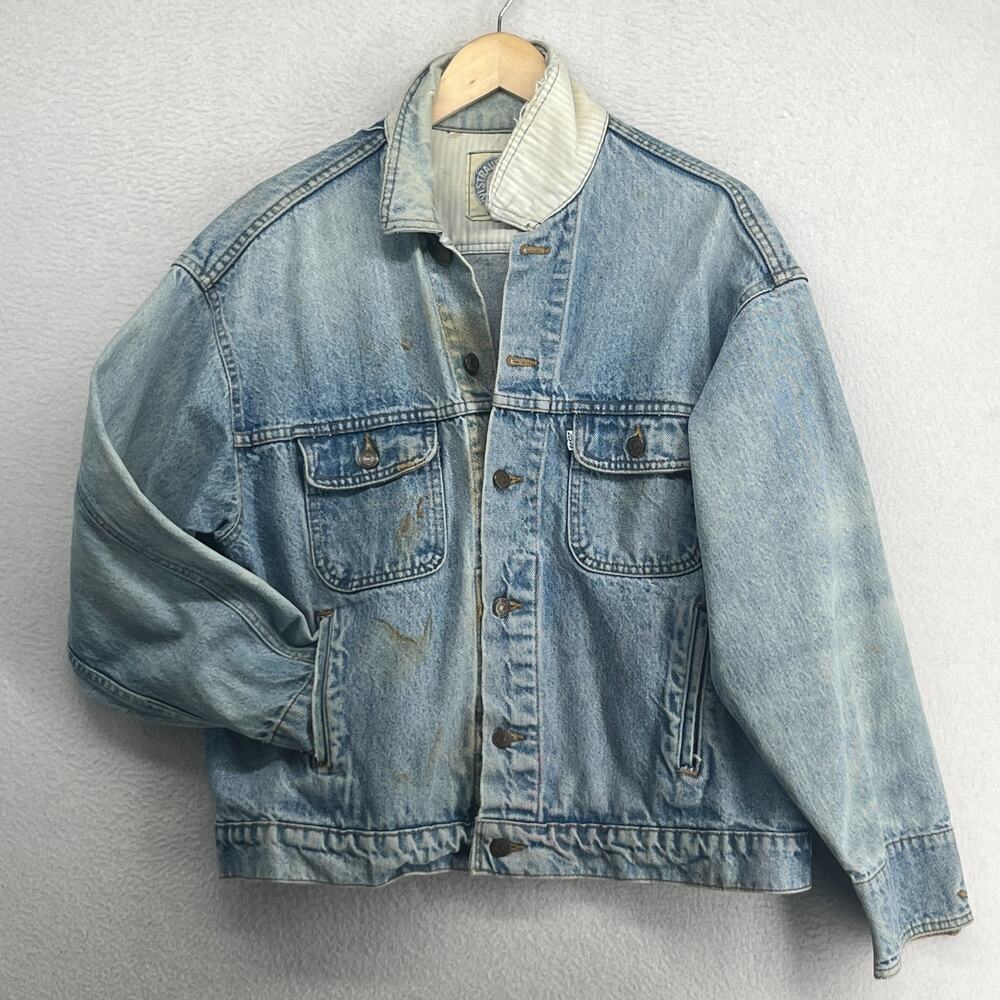 LEVIS Jacket Mens L White Tab Vented Denim Trucker 1987 80s Red Batwing USA VTG